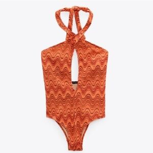 Zara wave print halter One Piece Swimsuit